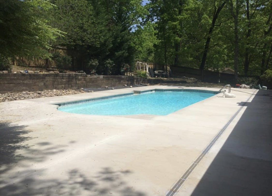 concrete-repair-maryville-tn-pool-deck-after After concrete repair of 1960s pool deck in Maryville TN near Knoxville showing restored surface and structural stabilization